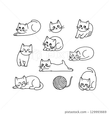 Fun and playful cats interacting with a ball of yarn in a whimsical, minimalist style 129993669