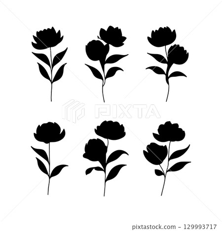 Silhouette collection of flowers showcasing various designs in a minimalist style on a white background Silhouette collection of flowers showcasing various designs in a minimalist style on a white background 129993717