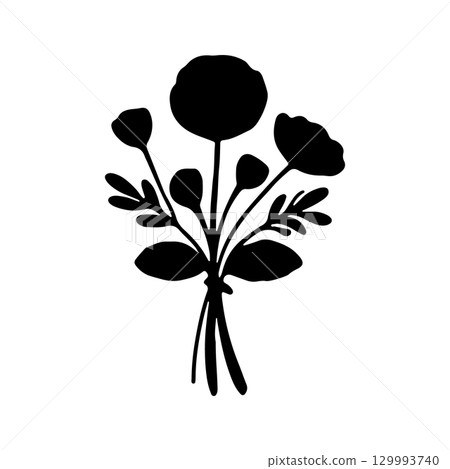 Bouquet of simple flowers with stems and leaves in a minimalistic design for decorative use 129993740