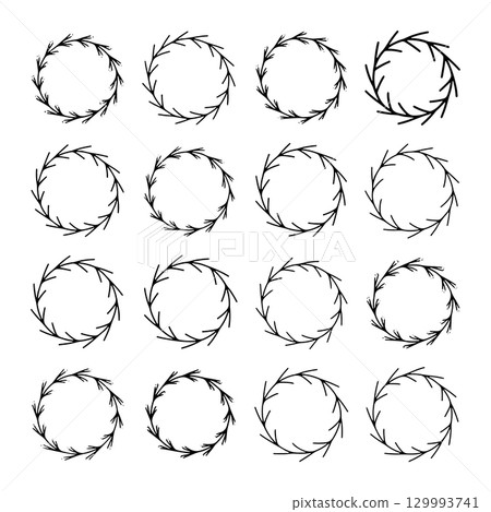 Circular designs of floral wreaths arranged in a grid showcasing minimalist patterns and nature-inspired elements Circular designs of floral wreaths arranged in a grid showcasing minimalist patterns and nature-inspired elements 129993741