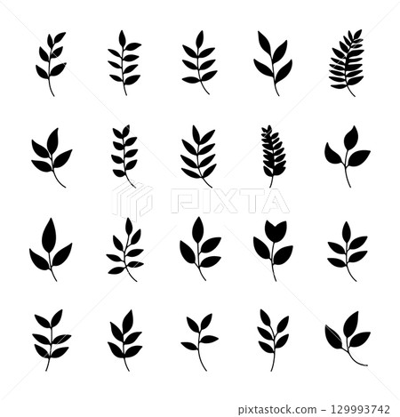 Multiple illustrations of various leaf shapes and styles on a white background for design purposes Multiple illustrations of various leaf shapes and styles on a white background for design purposes 129993742