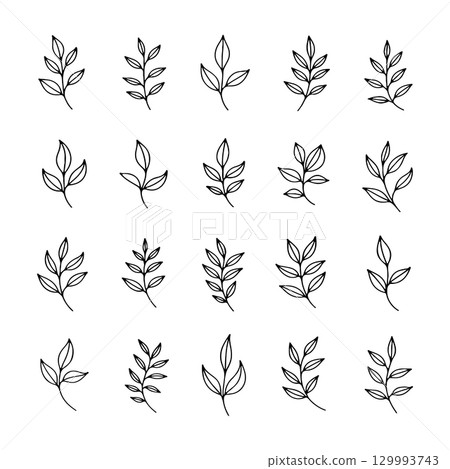 Leaf patterns in black line art showcasing diverse shapes and sizes for design inspiration 129993743