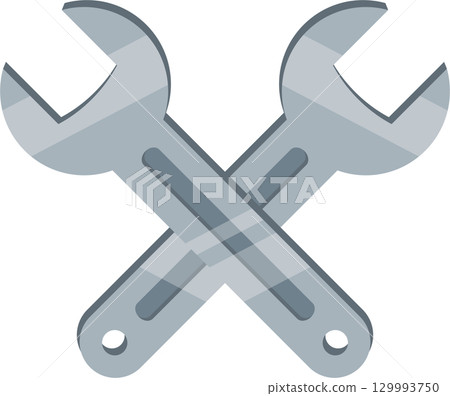 Two crossed wrenches with a grey gradient design over a black background create an abstract image. 129993750