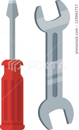 A red handled screwdriver and silver wrench stand side-by-side on a plain black background. 129993757