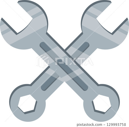 Two crossed grey open-ended wrenches, tools used for tightening bolts in repair work contexts. 129993758