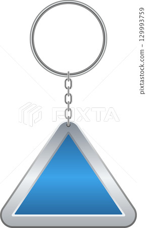 A metal ring attached to a chain that connects to a blue triangle shaped keychain charm. 129993759
