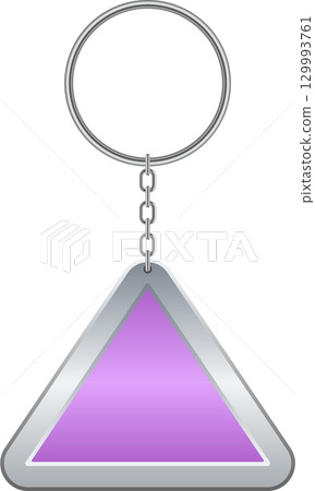 A silver-rimmed triangular keychain, featuring a soft lavender-colored fill, hangs against black. A silver-rimmed triangular keychain, featuring a soft lavender-colored fill, hangs against black. 129993761