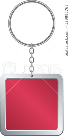 A square keychain with a silver border, metal ring, and a red center suspended against a black background. 129993763
