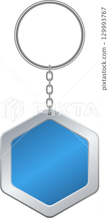 A metallic keychain with a blue, hexagonal emblem hangs from a ring and chain against black. 129993767