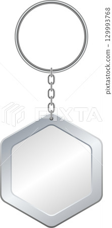 A silver keychain with a hexagon-shaped pendant dangles in front of a stark black background. 129993768