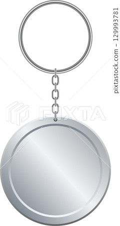 Metallic keychain with ring and round pendant, silver finish. Simple, sleek design object. 129993781