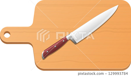Chef's knife resting diagonally on a rectangular wooden chopping board with handle cutout. Chef's knife resting diagonally on a rectangular wooden chopping board with handle cutout. 129993784