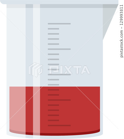 Laboratory flask partially filled with red liquid, designed for volumetric measurements. 129993811