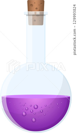A potion bottle with a cork stopper, filled with bubbling purple liquid, isolated on black A potion bottle with a cork stopper, filled with bubbling purple liquid, isolated on black 129993824
