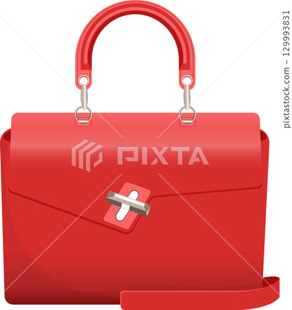 A bright red handbag with a handle and shoulder strap, set against a plain black background. 129993831