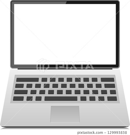 Silver laptop with a white screen and black keyboard is ideal for working and learning. 129993838