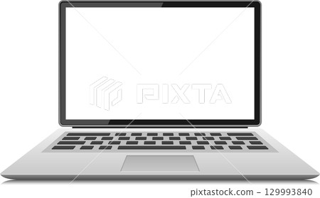 Sleek modern laptop with a clean, minimalist design and a bright white screen ready for use. 129993840