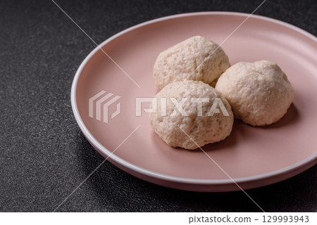 Chicken meatballs, cutlets steamed with salt and spices, a healthy meal Chicken meatballs, cutlets steamed with salt and spices, a healthy meal 129993943
