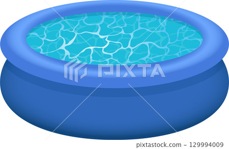 A round, blue, plastic pool filled with clear water showing patterns of light on the surface. A round, blue, plastic pool filled with clear water showing patterns of light on the surface. 129994009