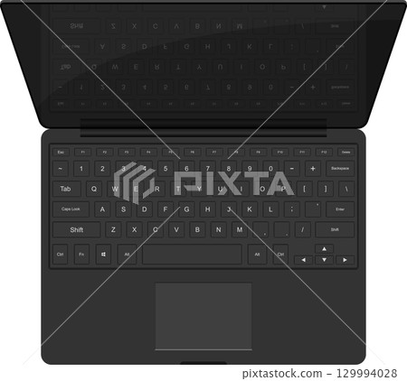 Overhead shot of a dark laptop keyboard with visible keys, touchpad, and function keys. 129994028