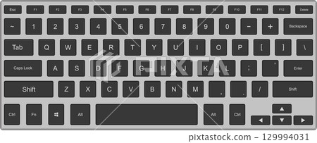 Full view of a gray computer keyboard displaying all letter, number, and function keys. 129994031