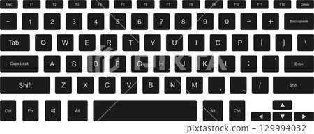 A sleek, dark keyboard with clearly labeled keys for efficient and comfortable typing. 129994032