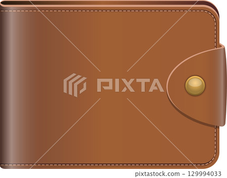 A closed brown leather wallet with a golden button on the right, a classic and functional accessory. A closed brown leather wallet with a golden button on the right, a classic and functional accessory. 129994033