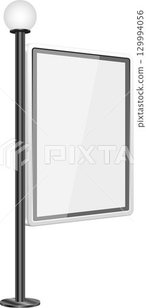 A blank, white, and square advertising sign is displayed on a dark metal pole with a sphere. 129994056