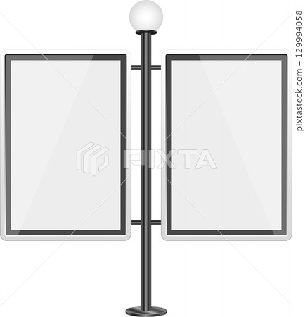 Dual blank light boxes stand tall on a black pole, topped with a glowing sphere, on black. Dual blank light boxes stand tall on a black pole, topped with a glowing sphere, on black. 129994058
