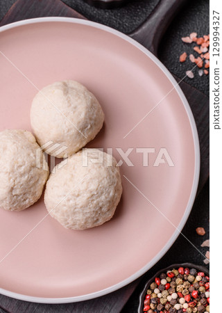 Chicken meatballs, cutlets steamed with salt and spices, a healthy meal 129994327