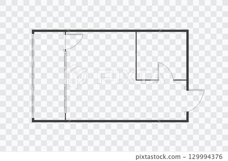 Floor plan simple icon room flat apartment modern unfurnished house line drawing, floor plan project, symbol. Technical architecture draw. Structure shape, build layout with doors and windows. Floor plan simple icon room flat apartment modern unfurnished house line drawing, floor plan project, symbol. Technical architecture draw. Structure shape, build layout with doors and windows. 129994376