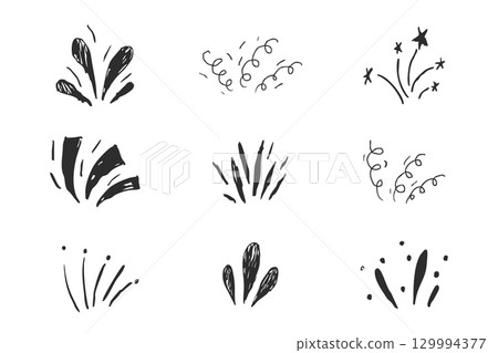 Firework confetti spark burst comic manga explosion. Doodle hand drawn line spark party celebration. Radial japan minimal set. Firework confetti spark burst comic manga explosion. Doodle hand drawn line spark party celebration. Radial japan minimal set. 129994377