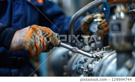 Mechanic working on a motor vehicle with a wrench at an Automotive tire shop 129994744