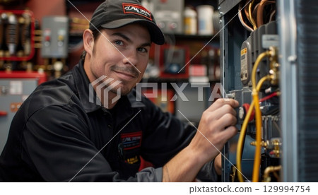 Man in baseball cap engineers machine, smiles in garage 129994754