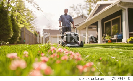 A man is cutting the grass in front of a house with a lawnmower A man is cutting the grass in front of a house with a lawnmower 129994768