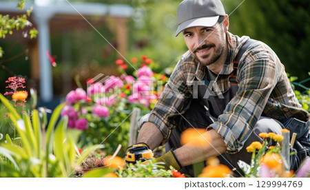 Man kneeling in garden with plants, flowers, and shrubs around him Man kneeling in garden with plants, flowers, and shrubs around him 129994769