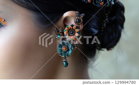 Closeup of womans ear with bun, earrings, and headpiece 129994780