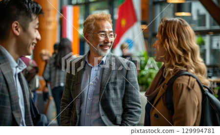 A man and a woman share a smile and gesture in formal wear at the lobby event 129994781