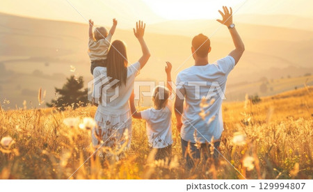Family enjoying the sunlight in a grassy ecoregion, gesturing happily in nature 129994807