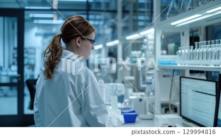 a female scientist is looking at a computer screen in a laboratory 129994816