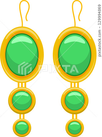 Pair of dangling earrings with gold frames and green gem stones, with hook closure mechanism. Pair of dangling earrings with gold frames and green gem stones, with hook closure mechanism. 129994869