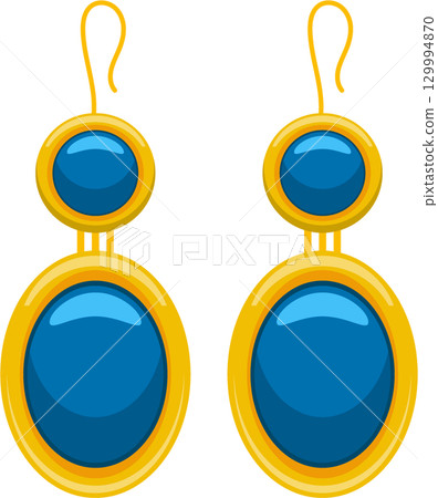 Elegant gold earrings featuring a double-drop design with vibrant blue gemstones on a dark background. Elegant gold earrings featuring a double-drop design with vibrant blue gemstones on a dark background. 129994870