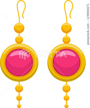 Elegant gold earrings with pink gemstones and beadwork dangles, jewelry fashion accessory. 129994871