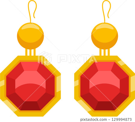 A pair of golden earrings, each featuring a central, red gemstone in an octagonal setting. 129994873