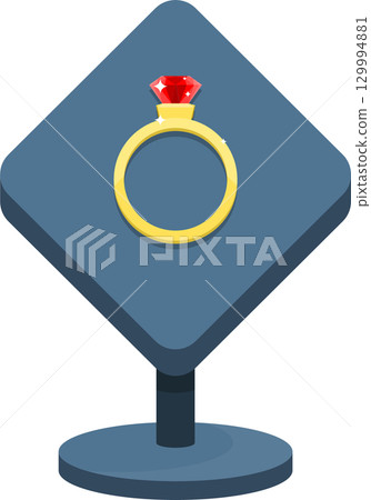 Stylized gold ring with red gem on display stand, perfect for engagement or special occasion. Stylized gold ring with red gem on display stand, perfect for engagement or special occasion. 129994881
