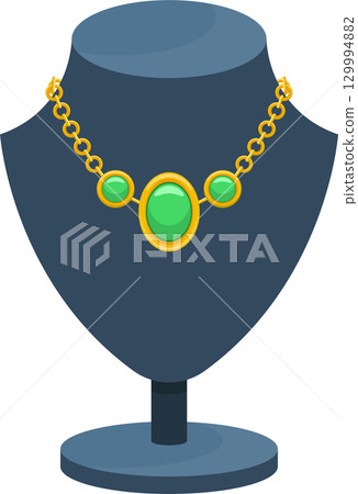 Elegant gold necklace with green gemstones on a display stand, jewelry item for retail use. Elegant gold necklace with green gemstones on a display stand, jewelry item for retail use. 129994882