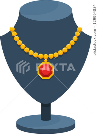 Golden beaded necklace with ruby pendant displayed elegantly on a jewelry bust silhouette. Golden beaded necklace with ruby pendant displayed elegantly on a jewelry bust silhouette. 129994884