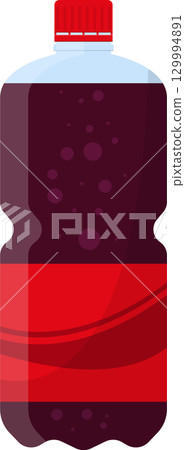 A red capped bottle filled with red fizzy beverage. The bottle is filled with small bubbles. A red capped bottle filled with red fizzy beverage. The bottle is filled with small bubbles. 129994891