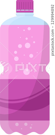 A plastic bottle filled with a pink liquid and bubbles, sealed with a purple plastic cap. 129994892