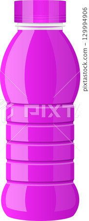 A bright pink plastic bottle with horizontal ribs on a black background. The bottle is capped. A bright pink plastic bottle with horizontal ribs on a black background. The bottle is capped. 129994906